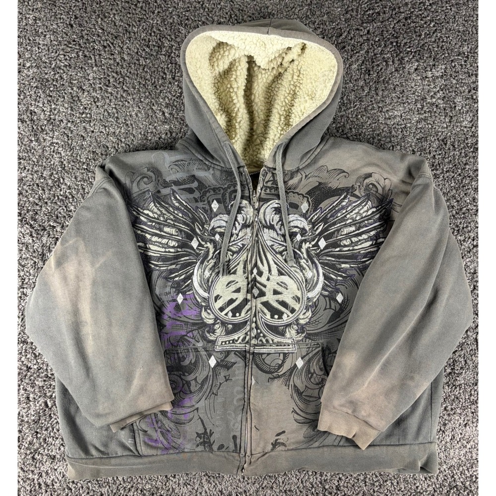 Apostasy Y2K Graphic Zip Up Hoodie Faux Shearling Lined Grey 2XL